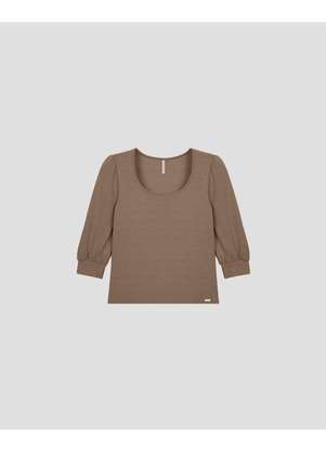 Cereja Rosa - Blusa Feminina Manga 7/8 em Viscose Trabalhada Marrom - CEREJA ROSA
