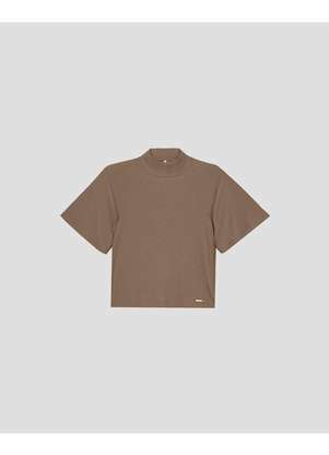 Cereja Rosa - Blusa Feminina Manga Curta em Ribana Canelada Marrom - CEREJA ROSA