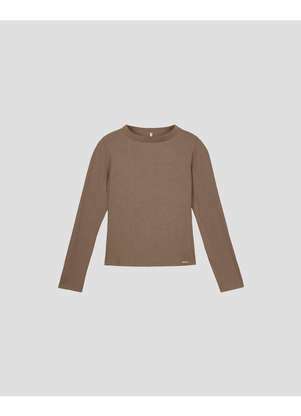 Cereja Rosa - Blusa Feminina Manga Longa Canelada com Retilínea Marrom - CEREJA ROSA