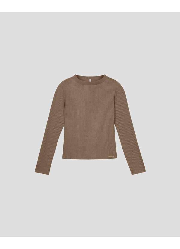 Cereja Rosa - Blusa Feminina Manga Longa Canelada com Retilínea Marrom