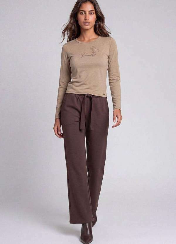 Cereja Rosa - Blusa Feminina Manga Longa com Estampa Bege