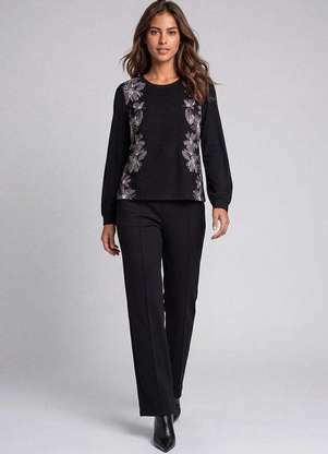 Cereja Rosa - Blusa Feminina Manga Longa com Estampa Floral Preto - CEREJA ROSA