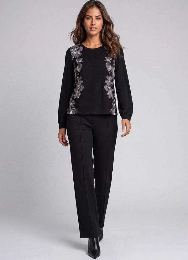 Cereja Rosa - Blusa Feminina Manga Longa com Estampa Floral Preto