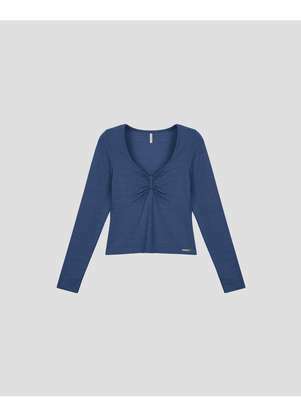 Cereja Rosa - Blusa Feminina Manga Longa Decote com Franzido Azul - CEREJA ROSA
