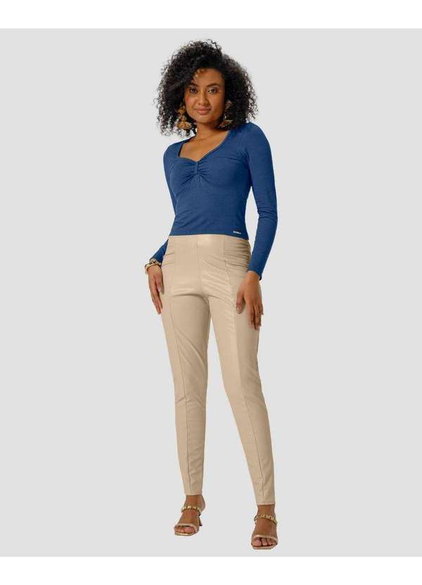 Cereja Rosa - Blusa Feminina Manga Longa Decote com Franzido Azul