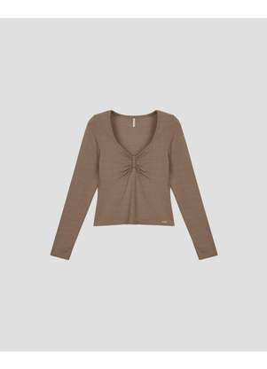 Cereja Rosa - Blusa Feminina Manga Longa Decote com Franzido Marrom - CEREJA ROSA