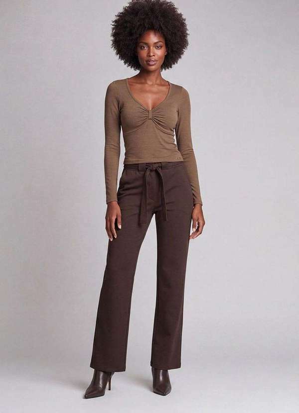 Cereja Rosa - Blusa Feminina Manga Longa Decote com Franzido Marrom
