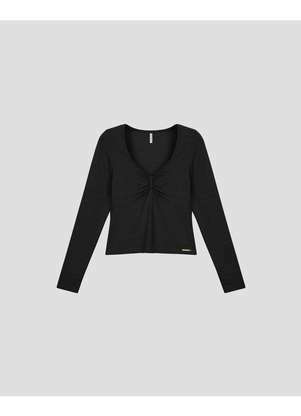Cereja Rosa - Blusa Feminina Manga Longa Decote com Franzido Preto - CEREJA ROSA