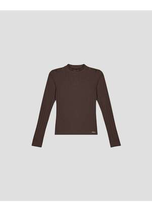 Cereja Rosa - Blusa Feminina Manga Longa em Cotton Canelado Marrom - CEREJA ROSA
