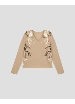 Cereja Rosa - Blusa Feminina Manga Longa Estampa Floral Bege - CEREJA ROSA