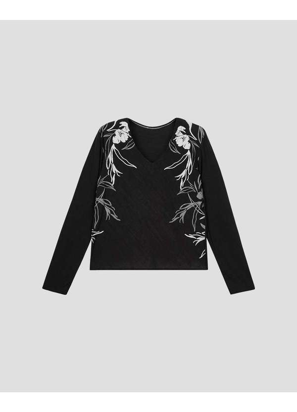 Cereja Rosa - Blusa Feminina Manga Longa Estampa Floral Preto