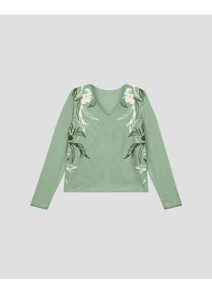 Cereja Rosa - Blusa Feminina Manga Longa Estampa Floral Verde - CEREJA ROSA
