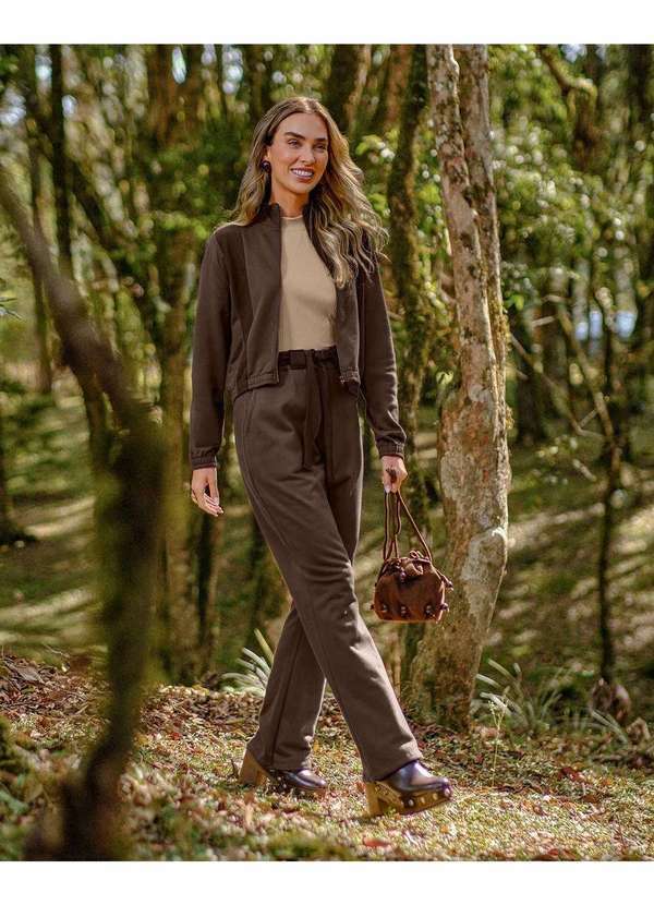 Cereja Rosa - Calça Feminina em Moletom com Faixa e Bolso - Marrom