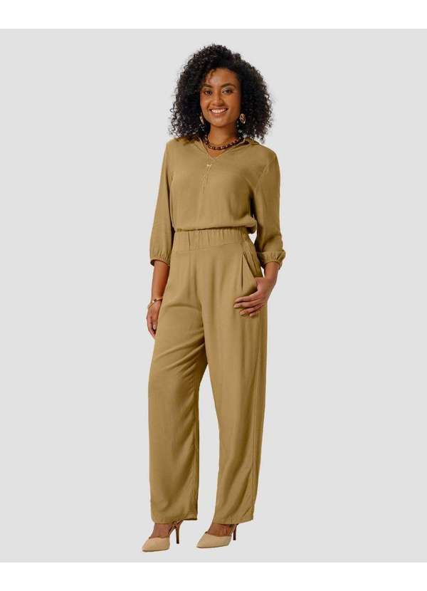 Cereja Rosa - Calça Feminina Pantalona em Viscose com Bolso Bege