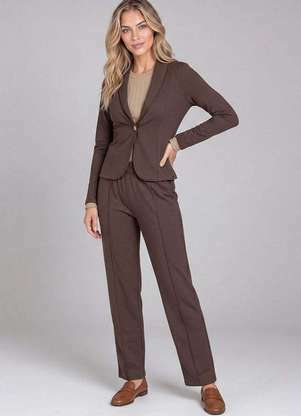 Cereja Rosa - Blazer Feminino em Moletinho Sarjado Marrom - CEREJA ROSA