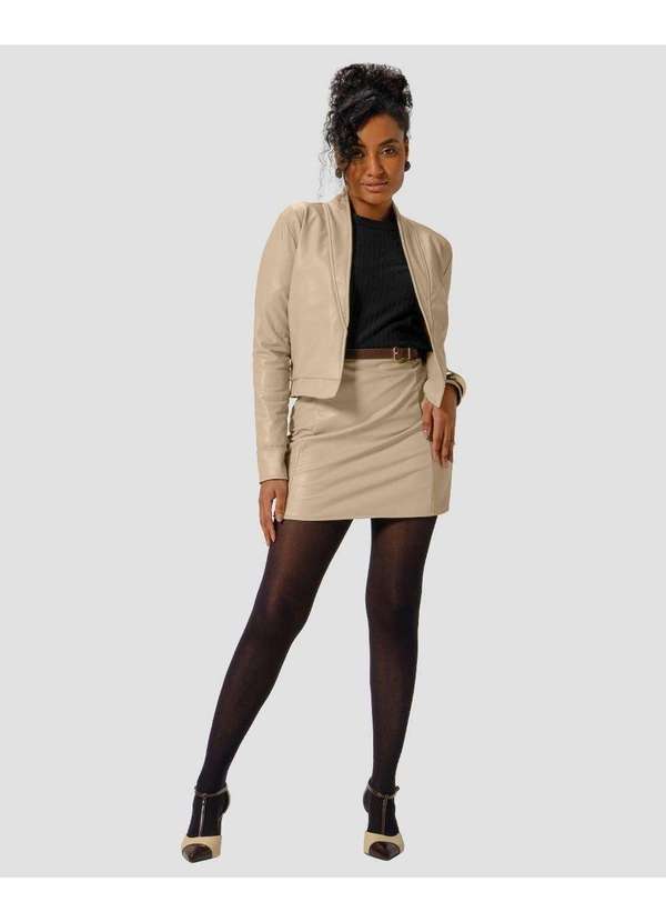 Cereja Rosa - Casaco Feminino em Neocouro com Bolso Bege