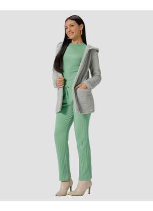 Cereja Rosa - Casaco Feminino em Pelo Teddy com Capuz Cinza - CEREJA ROSA