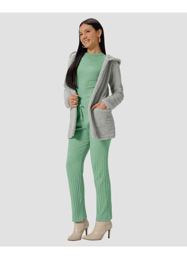 Cereja Rosa - Casaco Feminino em Pelo Teddy com Capuz Cinza