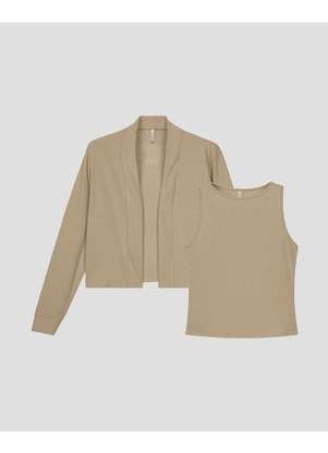 Cereja Rosa - Conjunto Feminino Regata e Cardigan Canelado Bege - CEREJA ROSA