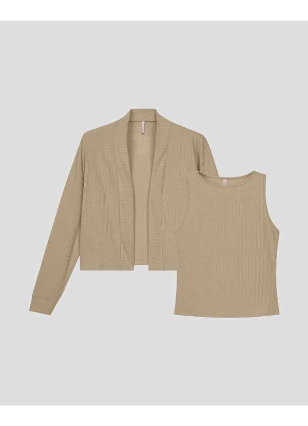 Cereja Rosa - Conjunto Feminino Regata e Cardigan Canelado Bege