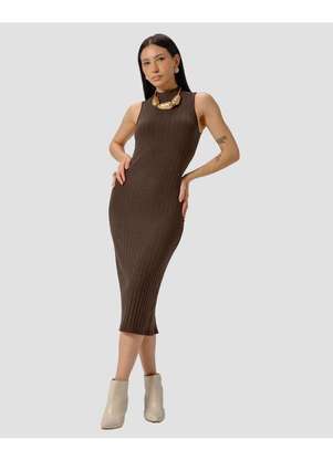 Cereja Rosa - Vestido Midi em Cotton Canelado com Abertura Marrom - CEREJA ROSA