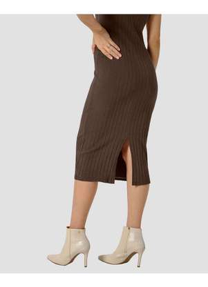 Cereja Rosa - Vestido Midi em Cotton Canelado com Abertura Marrom - CEREJA ROSA