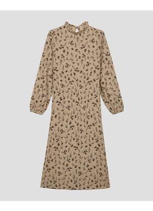 Cereja Rosa - Vestido Midi Estampado Manga Longa em Viscose Bege - CEREJA ROSA