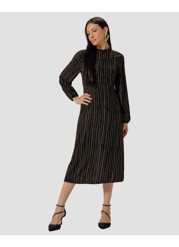 Cereja Rosa - Vestido Midi Estampado Manga Longa em Viscose Preto