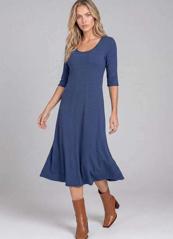 Cereja Rosa - Vestido Midi Feminino em Viscose Manga 3/4 Azul