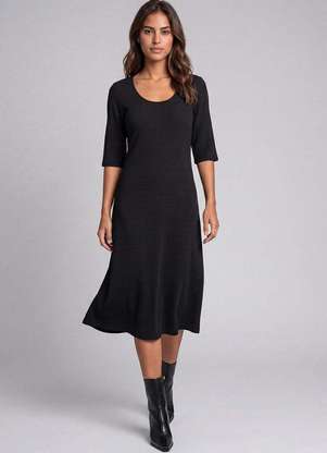 Cereja Rosa - Vestido Midi Feminino em Viscose Manga 3/4 Preto - CEREJA ROSA