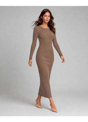 Cereja Rosa - Vestido Midi Manga Longa Canelado com Retilínea Marrom - CEREJA ROSA