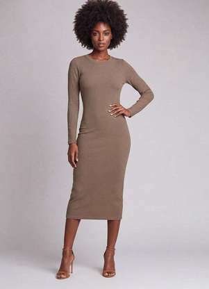 Cereja Rosa - Vestido Midi Manga Longa Canelado com Retilínea Marrom - CEREJA ROSA