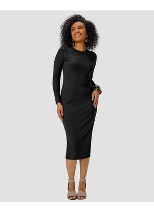Cereja Rosa - Vestido Midi Manga Longa Canelado com Retilínea Preto - CEREJA ROSA