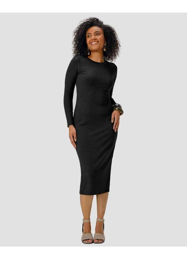 Cereja Rosa - Vestido Midi Manga Longa Canelado com Retilínea Preto