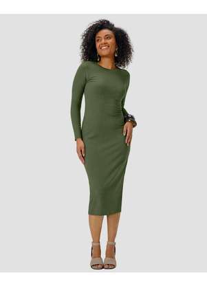 Cereja Rosa - Vestido Midi Manga Longa Canelado com Retilínea Verde - CEREJA ROSA