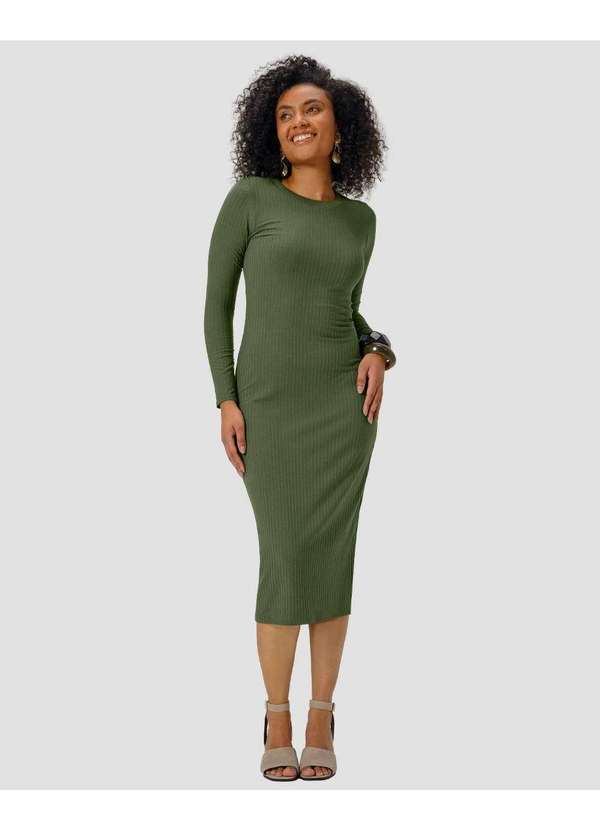 Cereja Rosa - Vestido Midi Manga Longa Canelado com Retilínea Verde