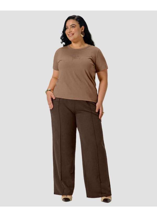 Cereja Rosa - Blusa Feminina Plus Size em Meia Malha com Estampa Marrom