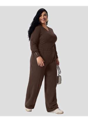 Cereja Rosa - Blusa Feminina Plus Size Manga Longa Canelada Marrom - CEREJA ROSA