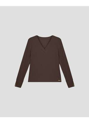 Cereja Rosa - Blusa Feminina Plus Size Manga Longa Canelada Marrom - CEREJA ROSA