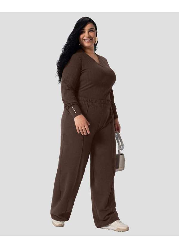 Cereja Rosa - Blusa Feminina Plus Size Manga Longa Canelada Marrom