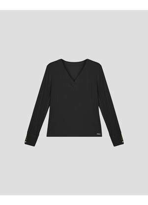 Cereja Rosa - Blusa Feminina Plus Size Manga Longa Canelada Preto - CEREJA ROSA