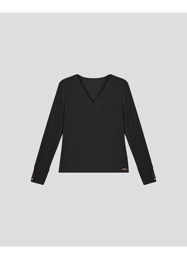Cereja Rosa - Blusa Feminina Plus Size Manga Longa Canelada Preto
