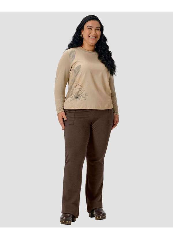 Cereja Rosa - Blusa Feminina Plus Size Manga Longa com Estampa Bege