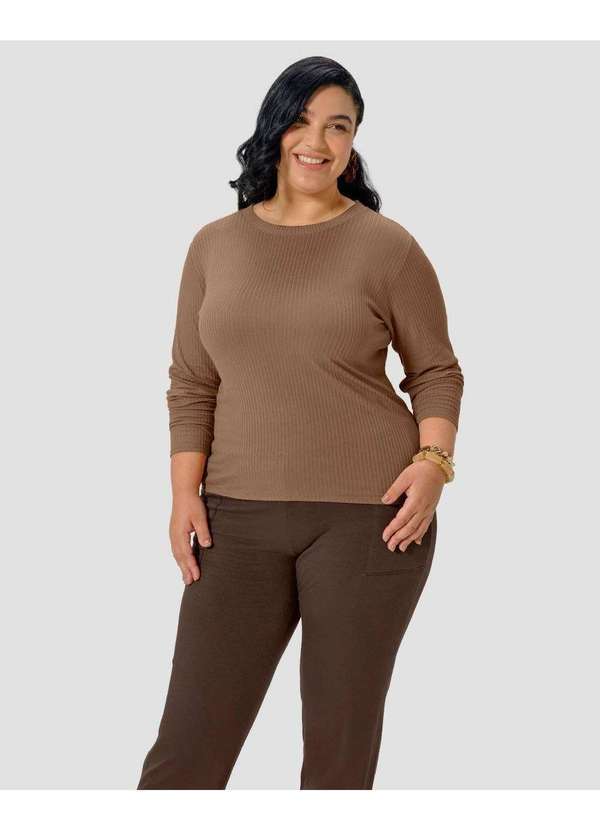 Cereja Rosa - Blusa Feminina Plus Size Manga Longa com Retilínea Marrom
