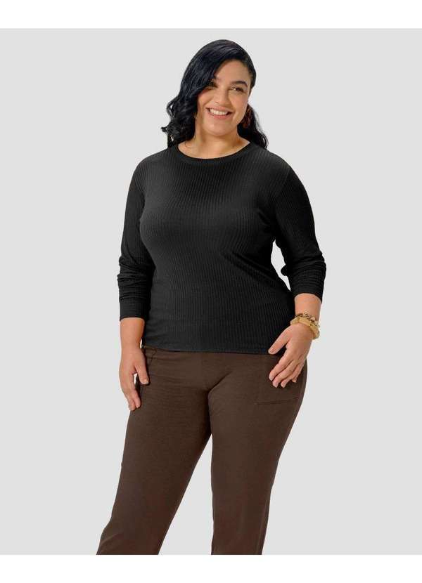 Cereja Rosa - Blusa Feminina Plus Size Manga Longa com Retilínea Preto