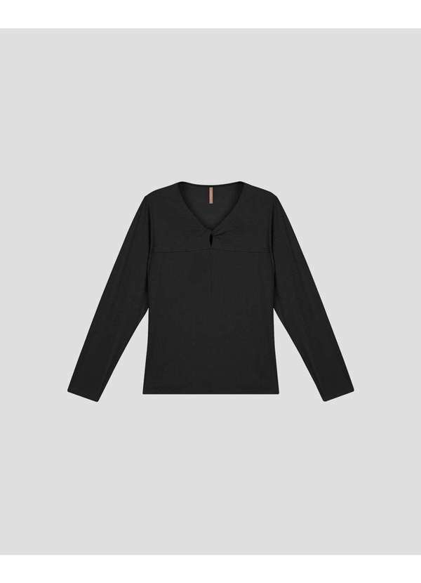 Cereja Rosa - Blusa Feminina Plus Size Manga Longa Decote Gota Preto