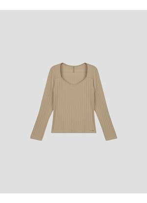 Cereja Rosa - Blusa Plus Size Manga Longa Canelada Bege - CEREJA ROSA