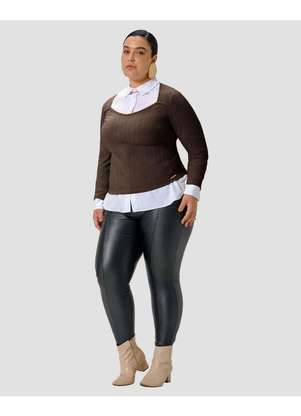Cereja Rosa - Blusa Plus Size Manga Longa Canelada Marrom - CEREJA ROSA