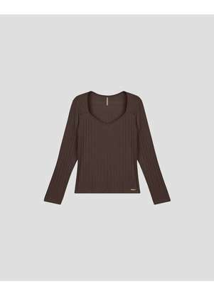 Cereja Rosa - Blusa Plus Size Manga Longa Canelada Marrom - CEREJA ROSA
