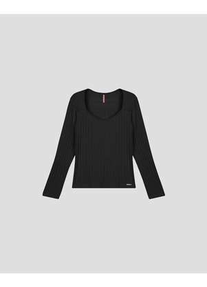Cereja Rosa - Blusa Plus Size Manga Longa Canelada Preto - CEREJA ROSA